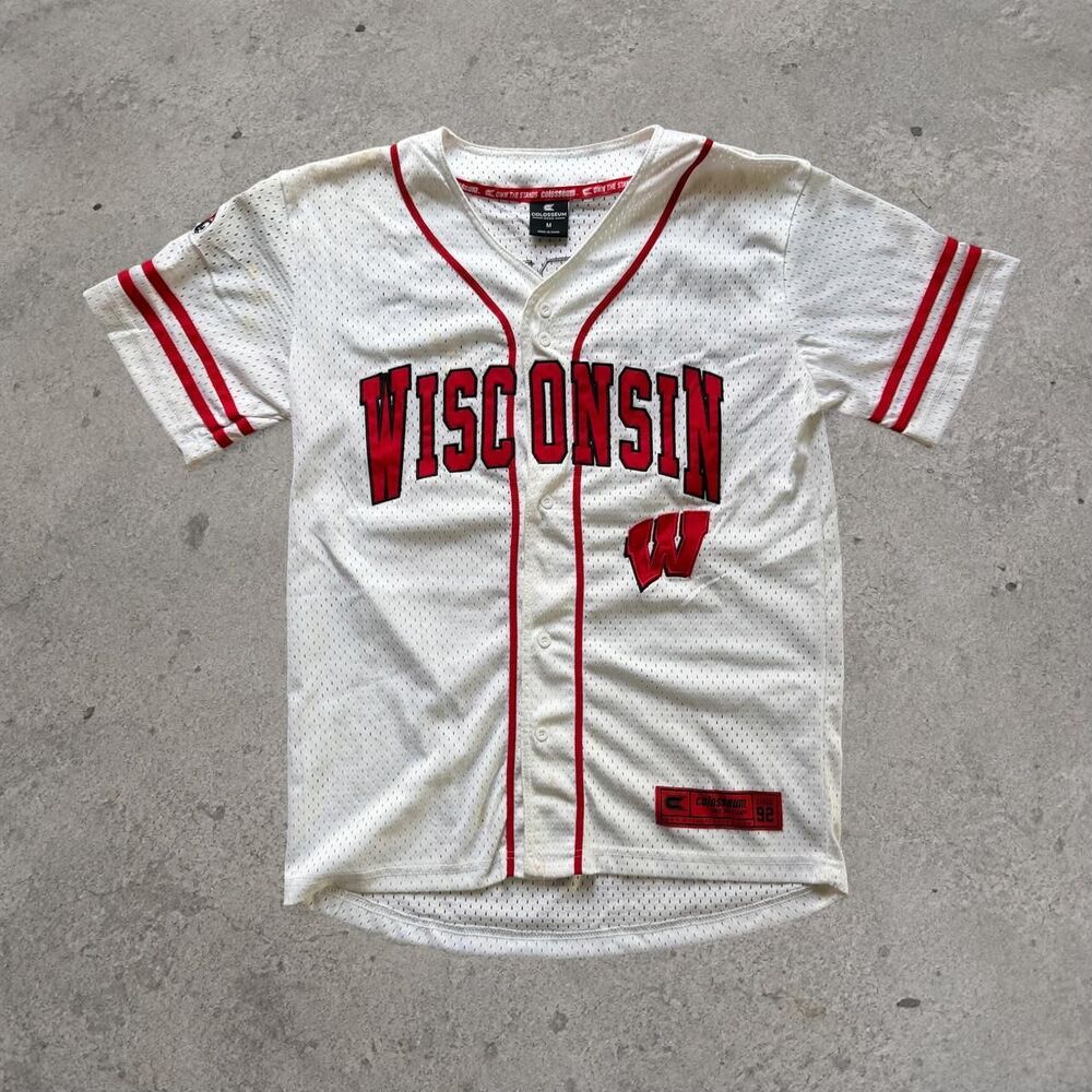 Y2K 2000’s Wisconsin Badgers white baseball jersey with red lettering and red 'W